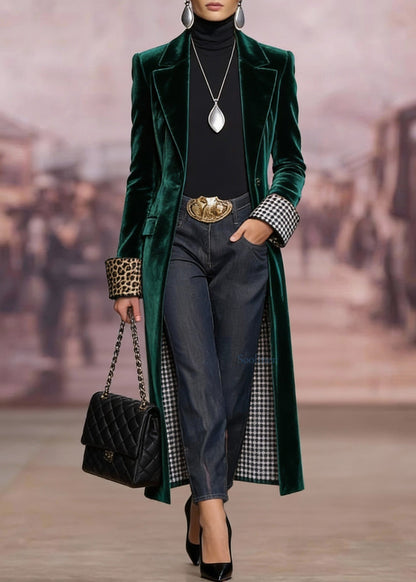 Women Green Peter Pan Collar Pockets Velvet Coat Spring