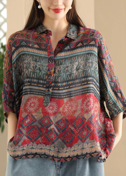 Frauen Grün Peter Pan Kragen Print Button Leinen Hemd Sommer