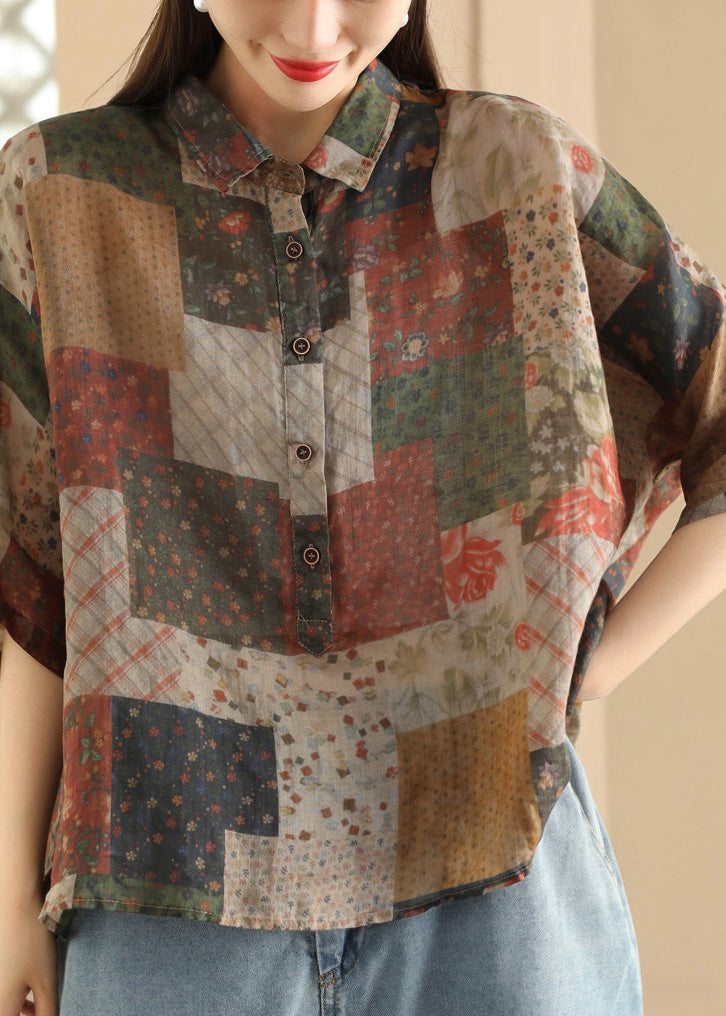Frauen Grün Peter Pan Kragen Print Button Leinen Hemd Sommer