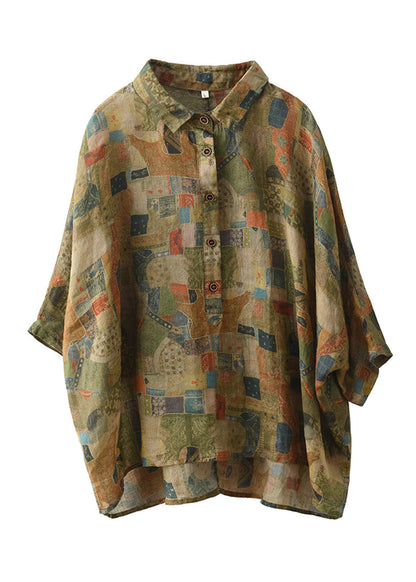 Frauen Grün Peter Pan Kragen Print Button Leinen Hemd Sommer