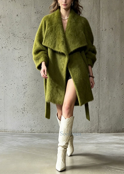 Women Green Peter Pan Collar Woolen Coats Winter
