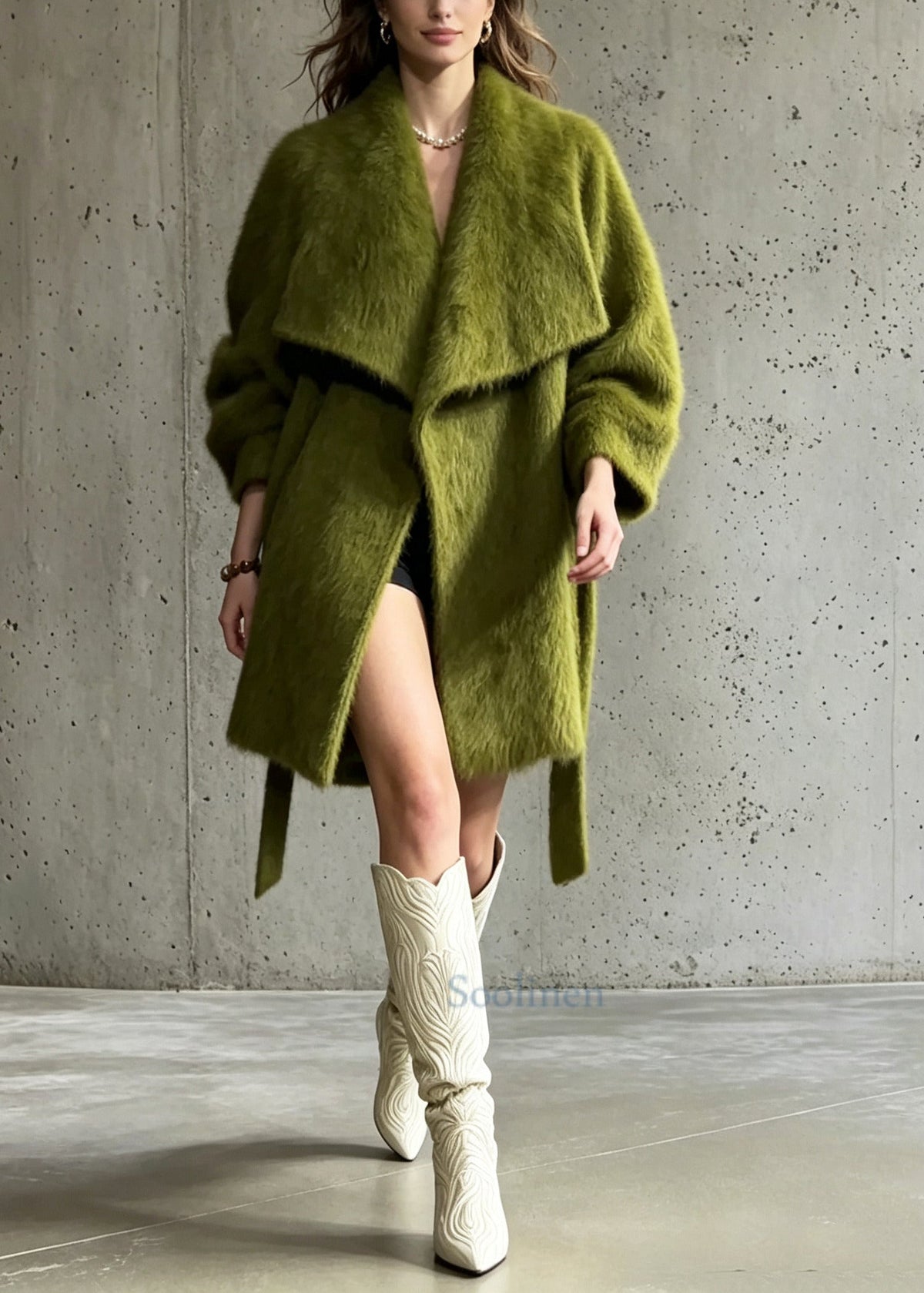 Women Green Peter Pan Collar Woolen Coats Winter