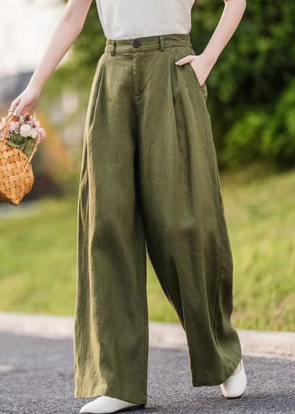Women Green Pockets Linen Straight Pants Summer