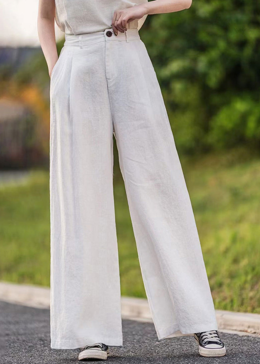 Women Green Pockets Linen Straight Pants Summer