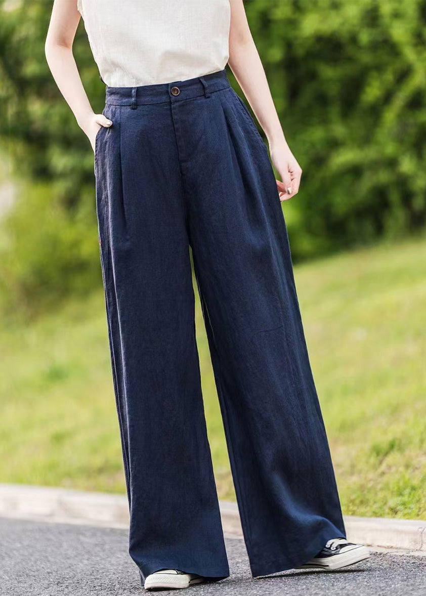 Women Green Pockets Linen Straight Pants Summer