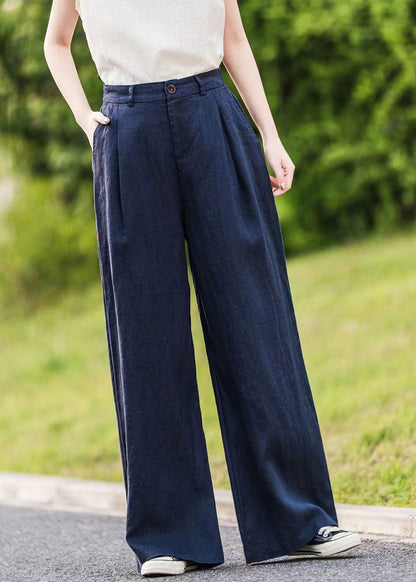 Women Green Pockets Linen Straight Pants Summer
