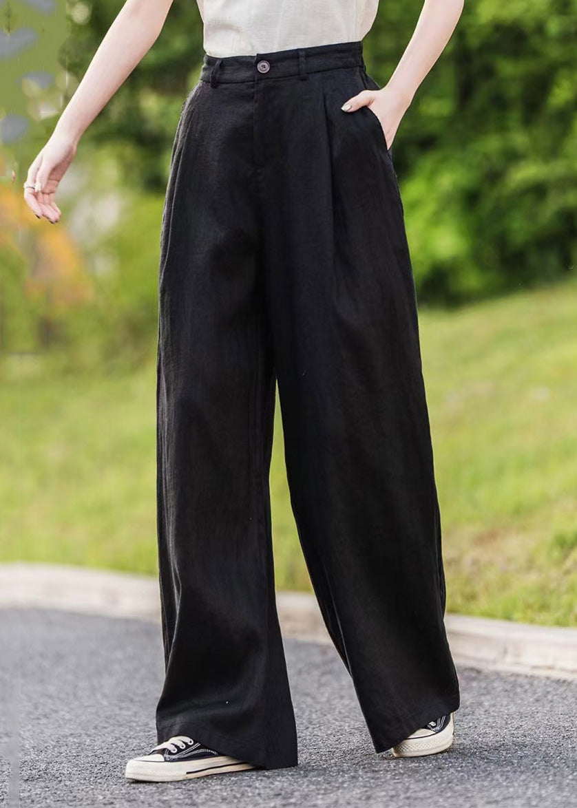 Women Green Pockets Linen Straight Pants Summer