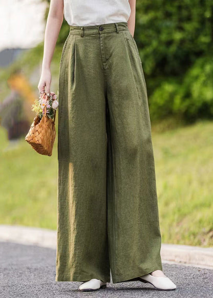 Women Green Pockets Linen Straight Pants Summer