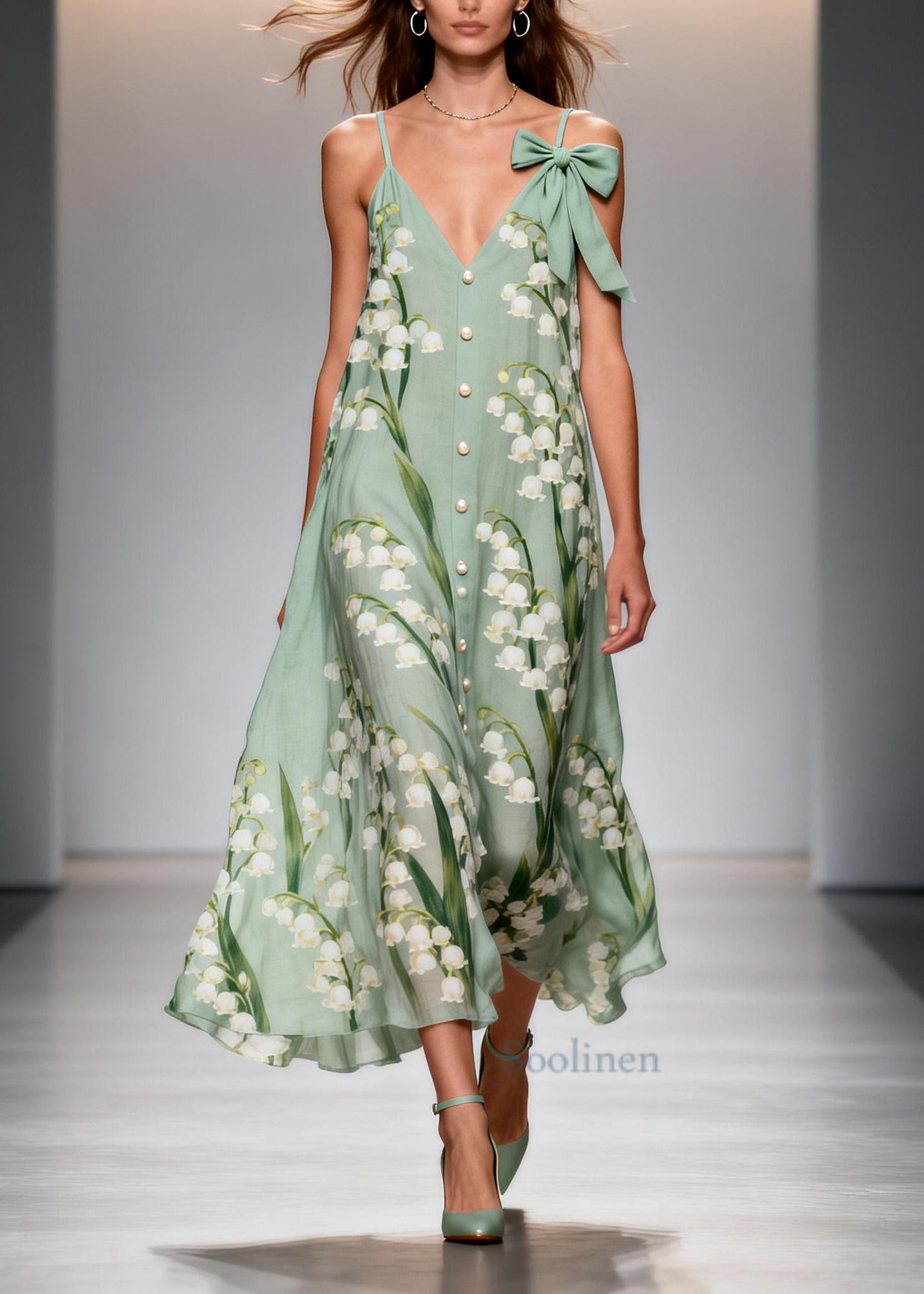 Women Green Print Fine Pearl Chiffon Sun Dress Summer