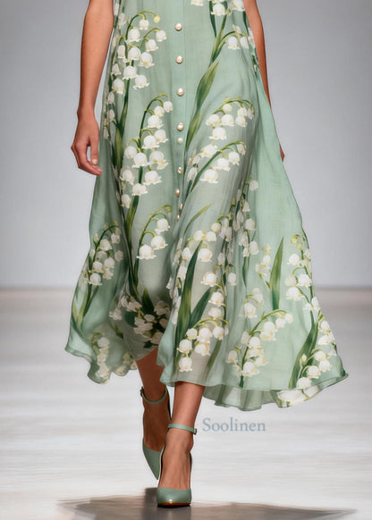 Women Green Print Fine Pearl Chiffon Sun Dress Summer