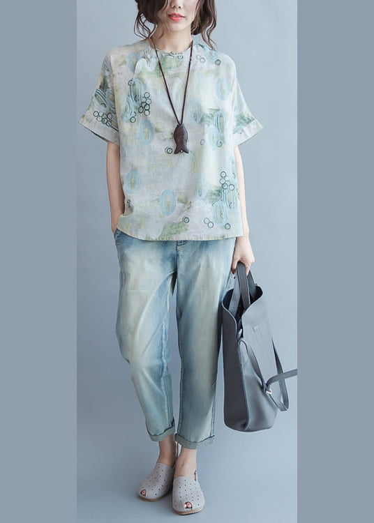 Damen Leinenbluse mit grünem Aufdruck, kurzärmelig