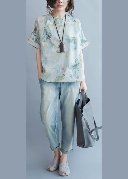 Damen Leinenbluse mit grünem Aufdruck, kurzärmelig