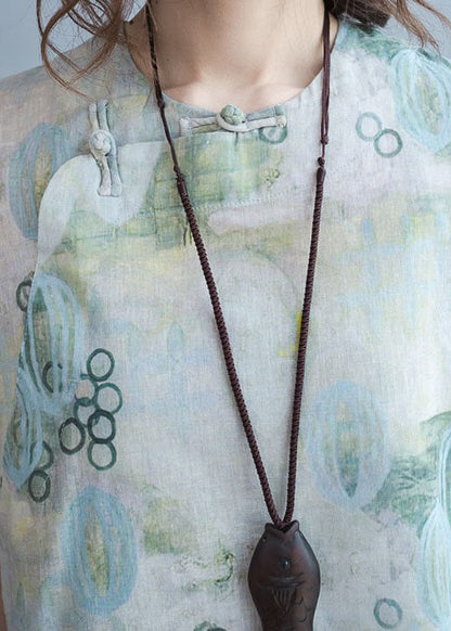 Damen Leinenbluse mit grünem Aufdruck, kurzärmelig