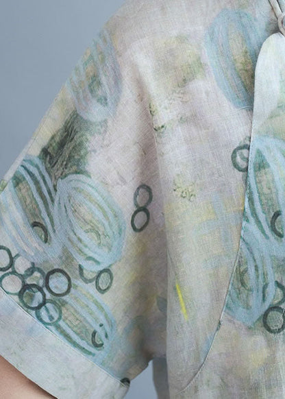 Damen Leinenbluse mit grünem Aufdruck, kurzärmelig