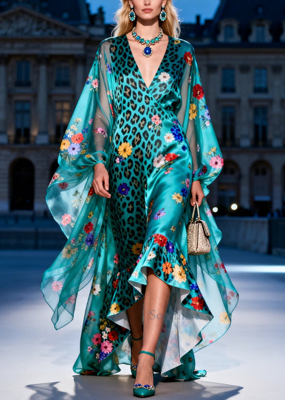 Women Green Print Low High Design Exra Large Hem Silk Dress Summer