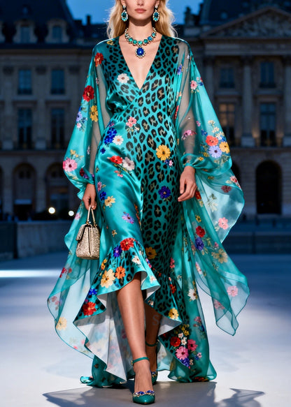 Women Green Print Low High Design Exra Large Hem Silk Dress Summer
