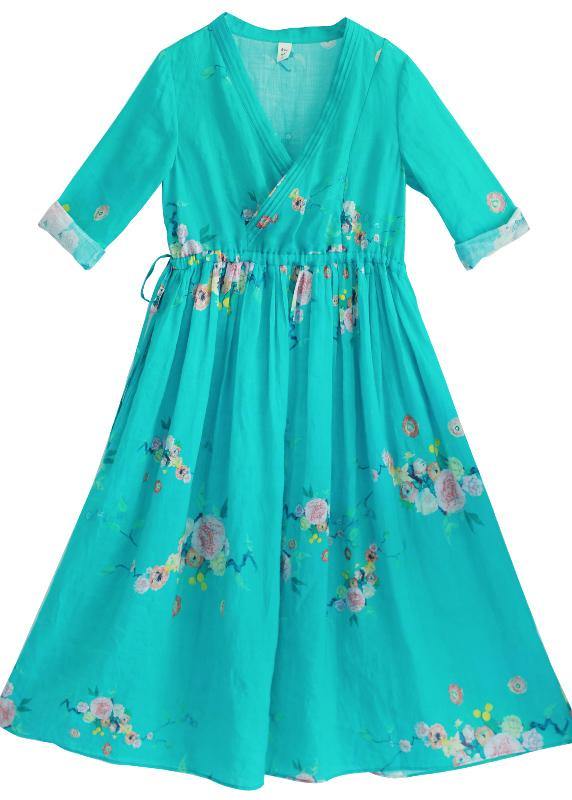 Women Green Print Robes Patchwork Drawstring Robe Spring Dress - SooLinen