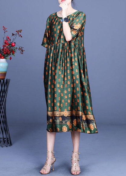 Women Green Print Silk Cinched Dress Summer - SooLinen