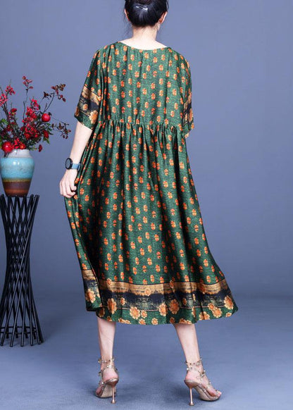 Women Green Print Silk Cinched Dress Summer - SooLinen