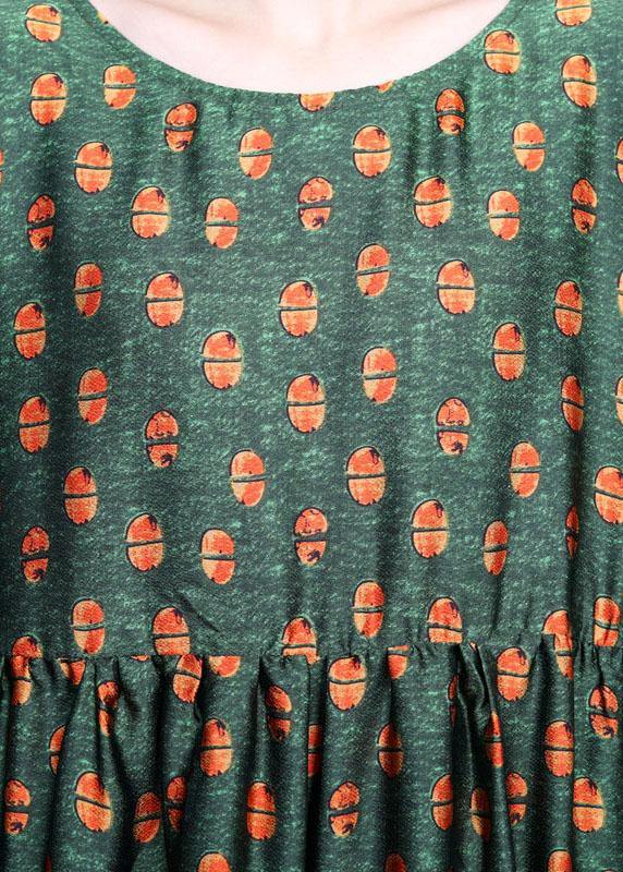 Women Green Print Silk Cinched Dress Summer - SooLinen