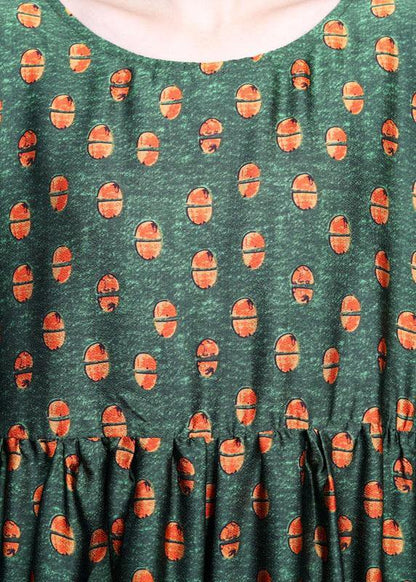 Women Green Print Silk Cinched Dress Summer - SooLinen