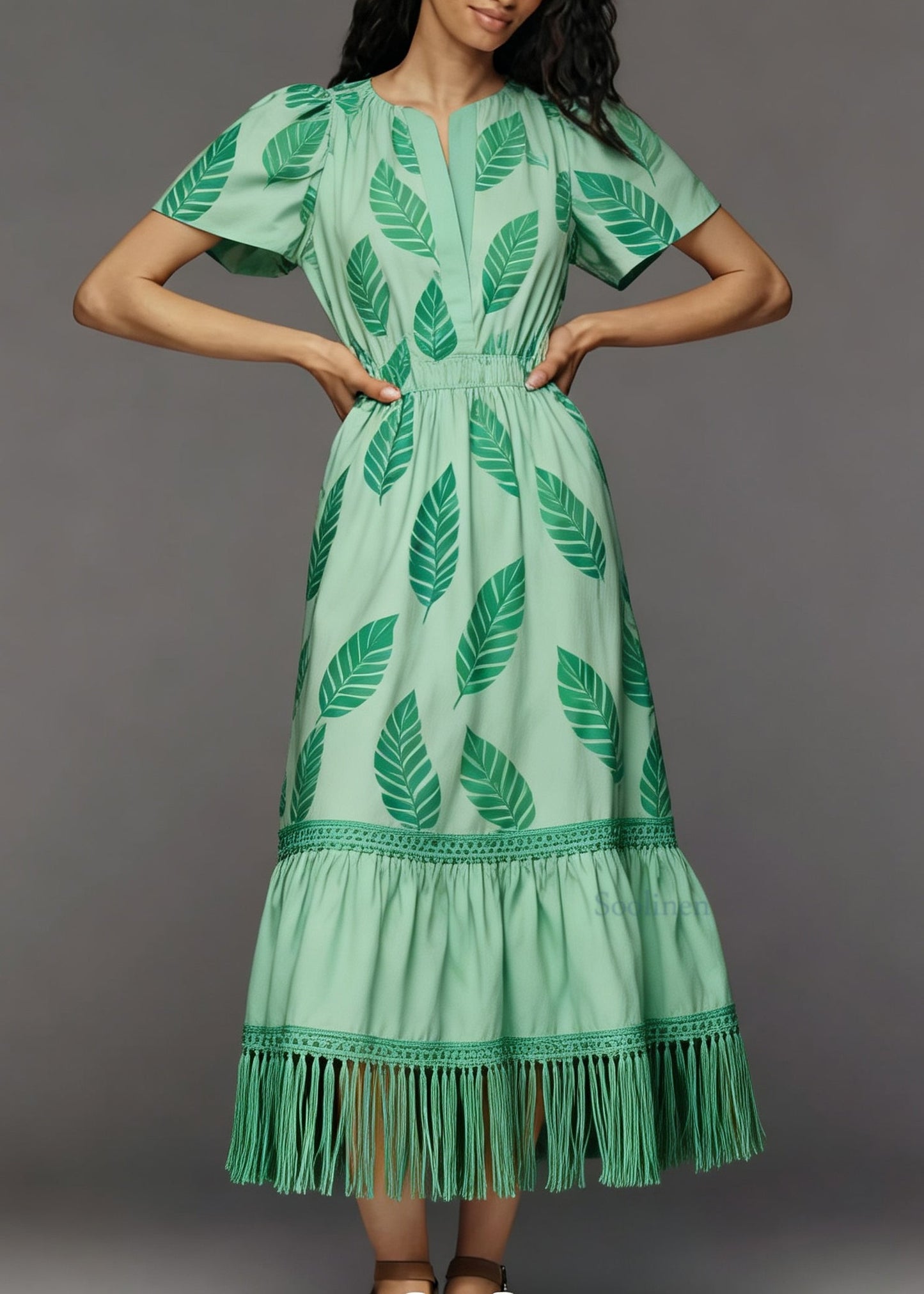 Women Green Print Tasseled Patchwork Cotton Dress Summer