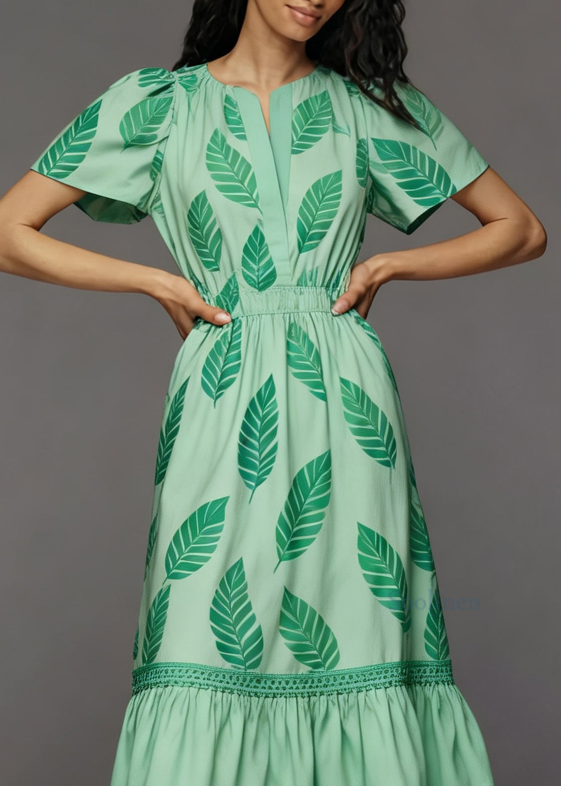 Women Green Print Tasseled Patchwork Cotton Dress Summer
