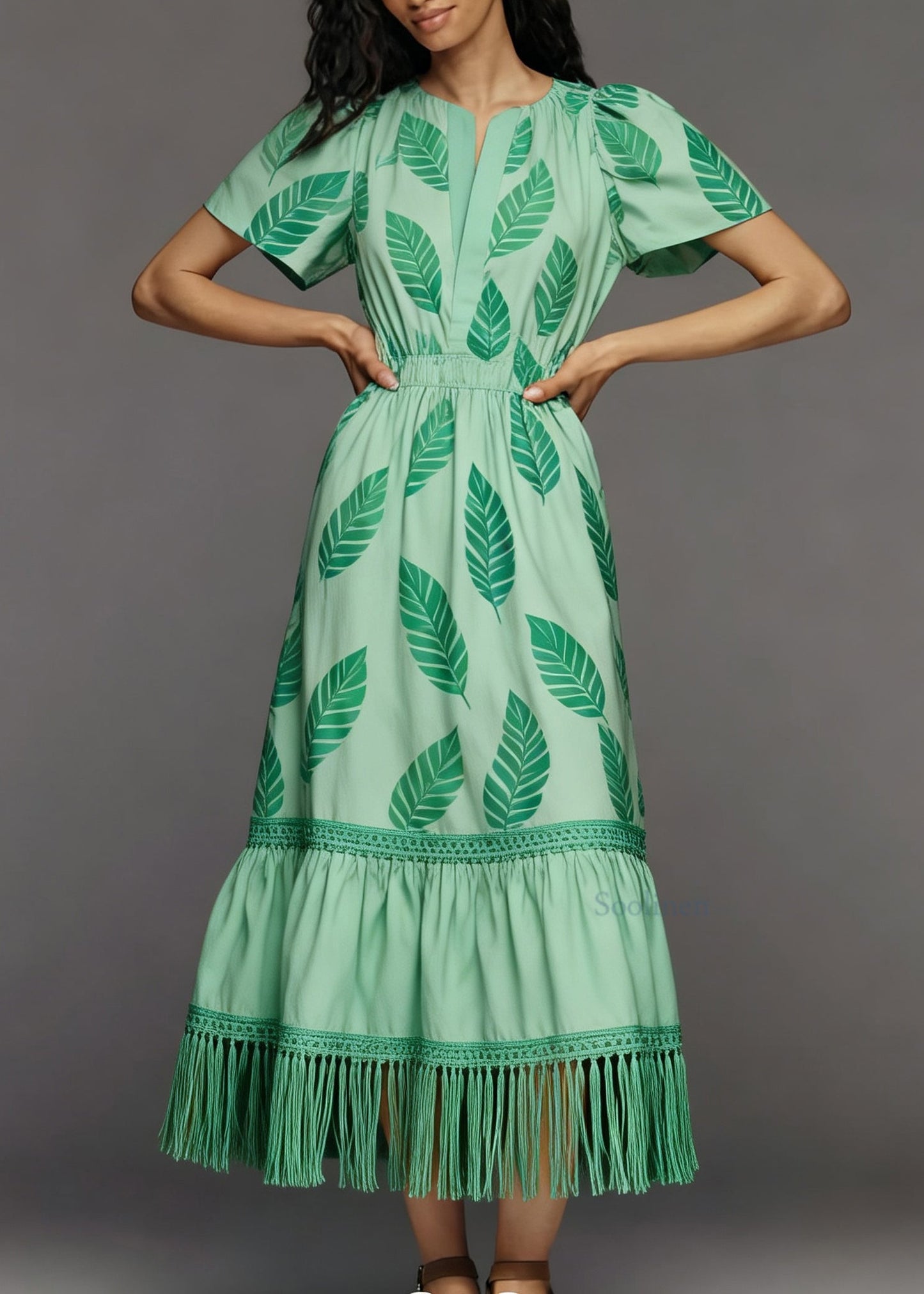 Women Green Print Tasseled Patchwork Cotton Dress Summer