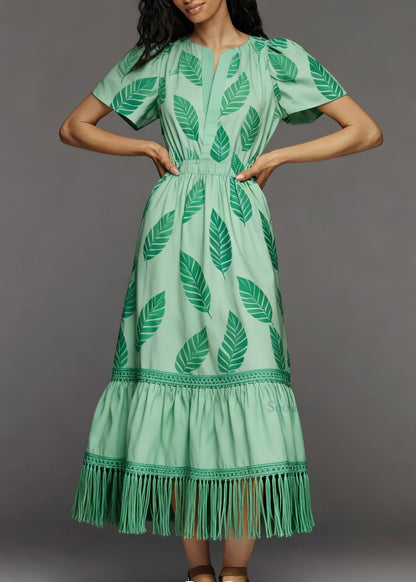Women Green Print Tasseled Patchwork Cotton Dress Summer