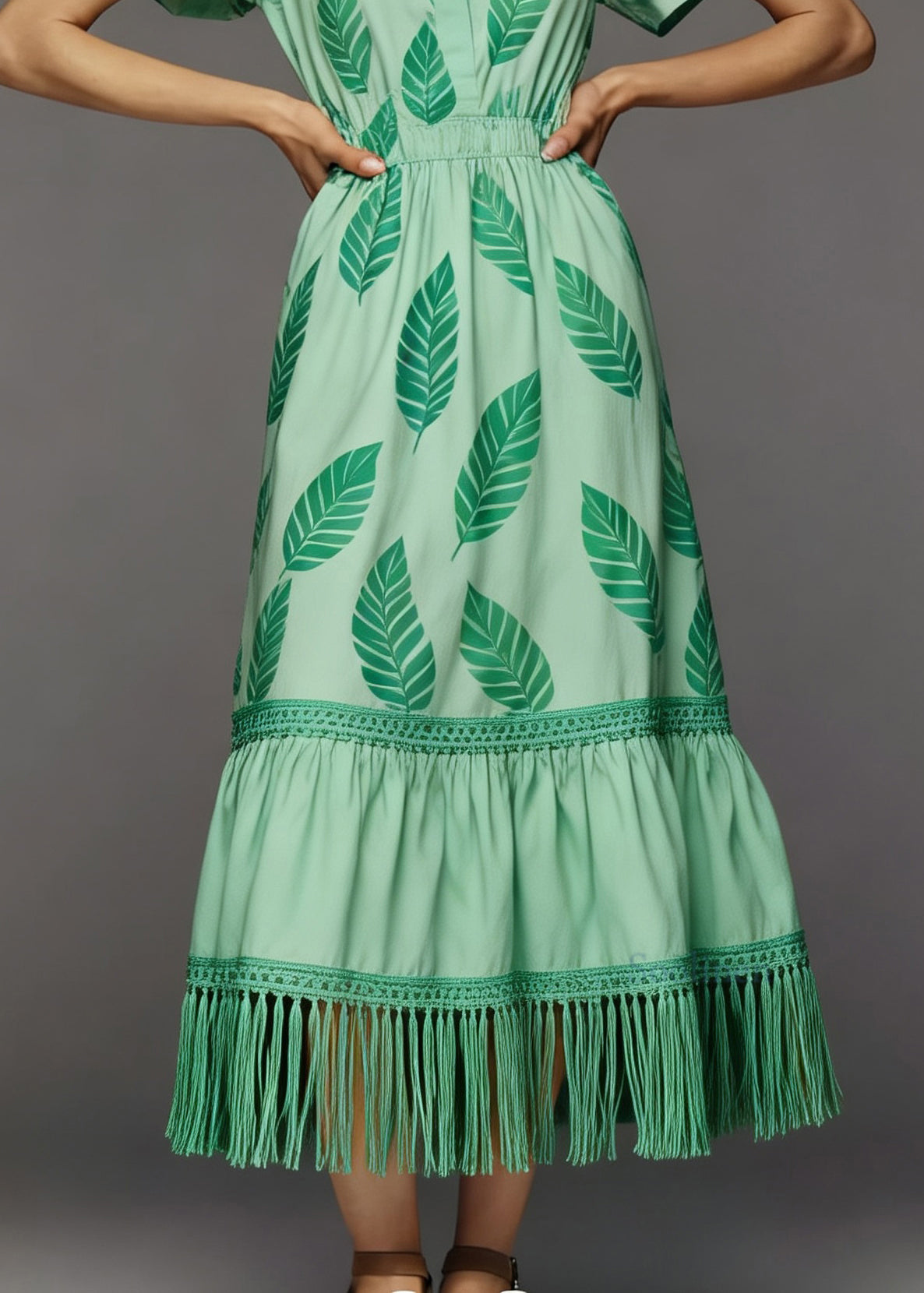 Women Green Print Tasseled Patchwork Cotton Dress Summer