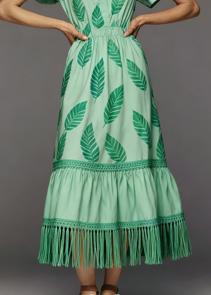 Women Green Print Tasseled Patchwork Cotton Dress Summer