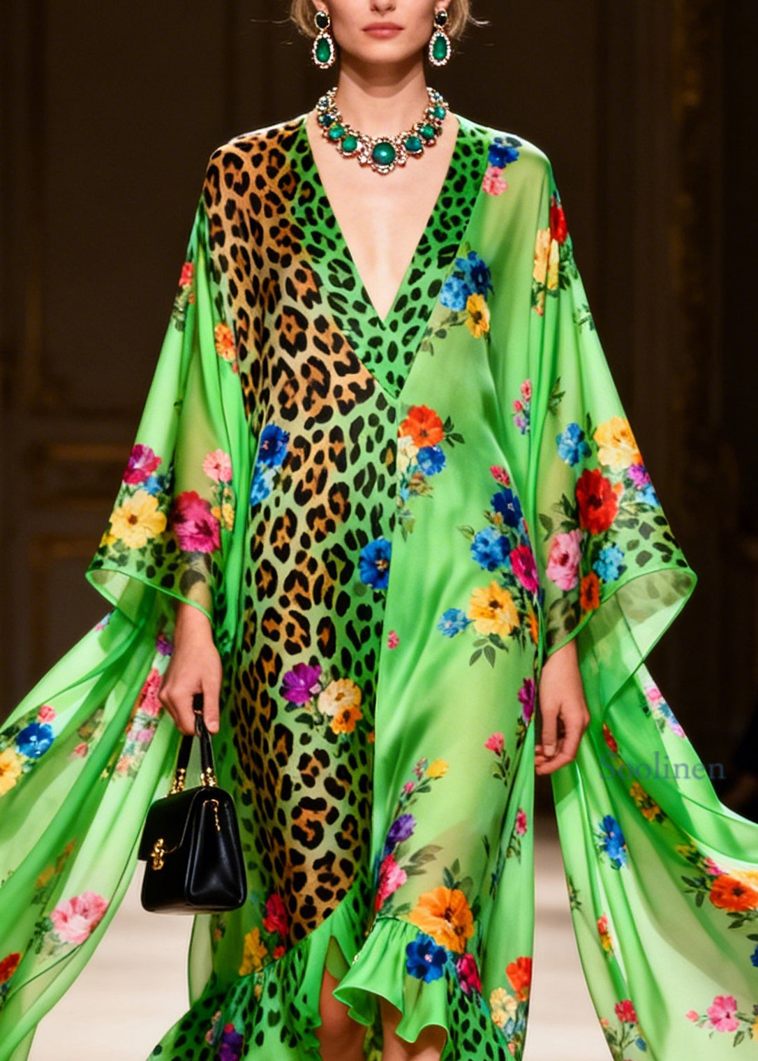 Women Green Ruffled Asymmetrical Design Print Patchwork Silk Dresses Summer