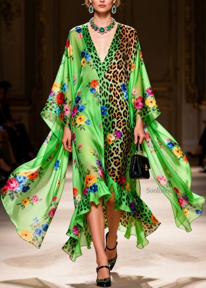 Women Green Ruffled Asymmetrical Design Print Patchwork Silk Dresses Summer