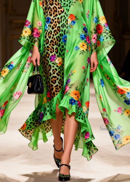 Women Green Ruffled Asymmetrical Design Print Patchwork Silk Dresses Summer
