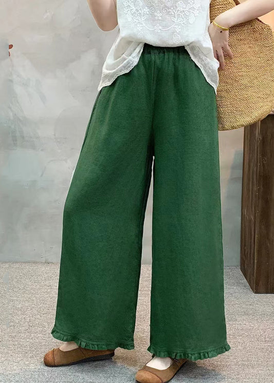 Women Green Ruffled Linen Wide Leg Pants Summer