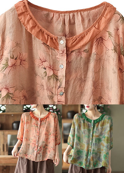 Top de ramio con estampado de volantes verdes para mujer, media manga