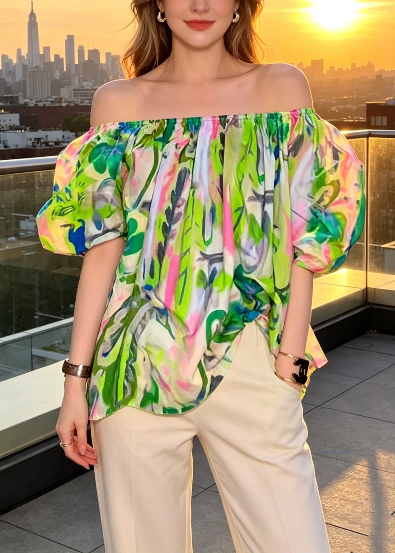 Women Green Slash Neck Print T Shirt Puff Sleeve