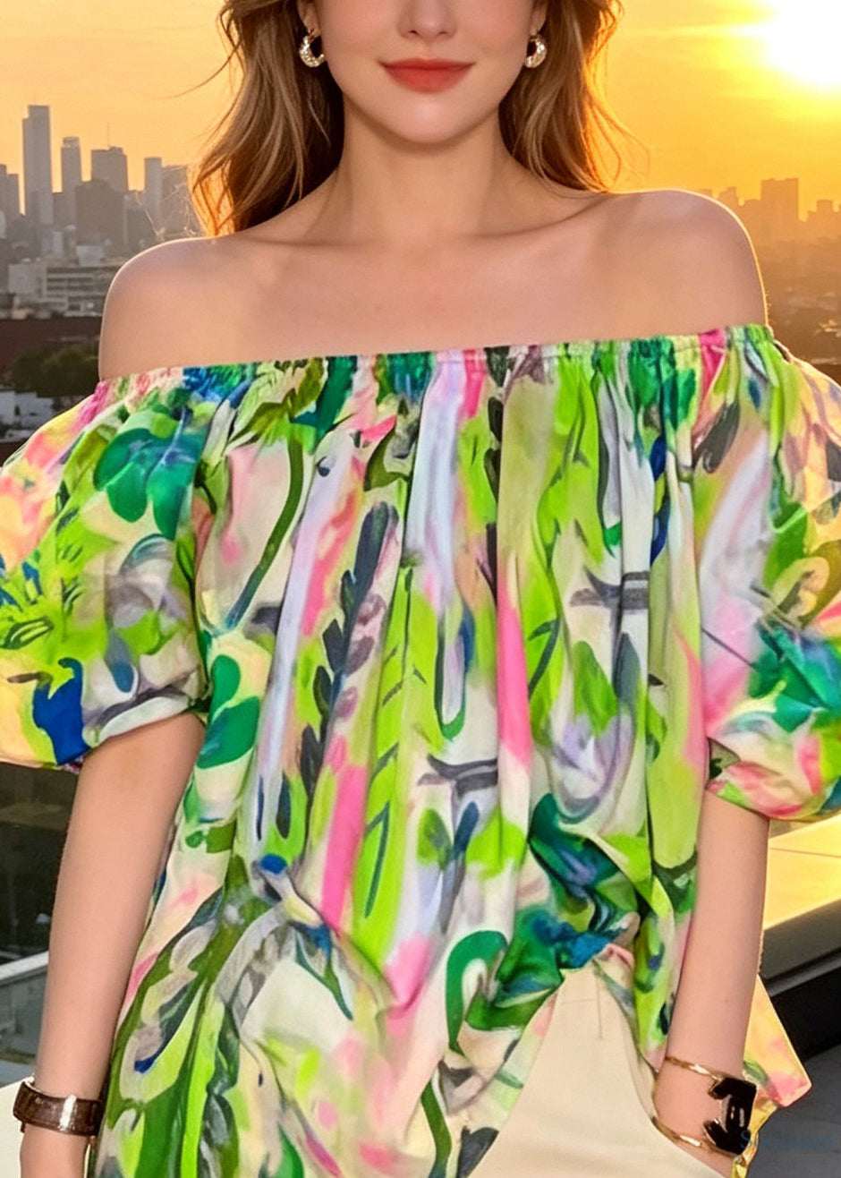Women Green Slash Neck Print T Shirt Puff Sleeve