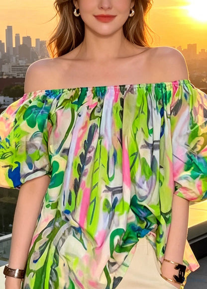 Women Green Slash Neck Print T Shirt Puff Sleeve