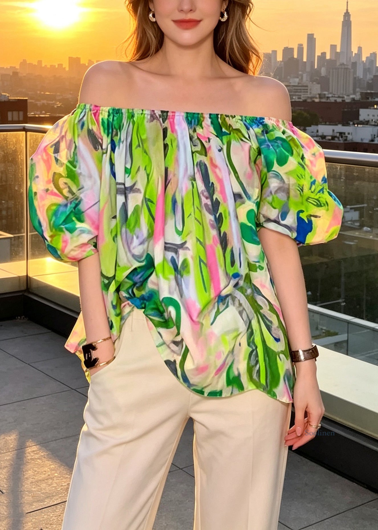Women Green Slash Neck Print T Shirt Puff Sleeve