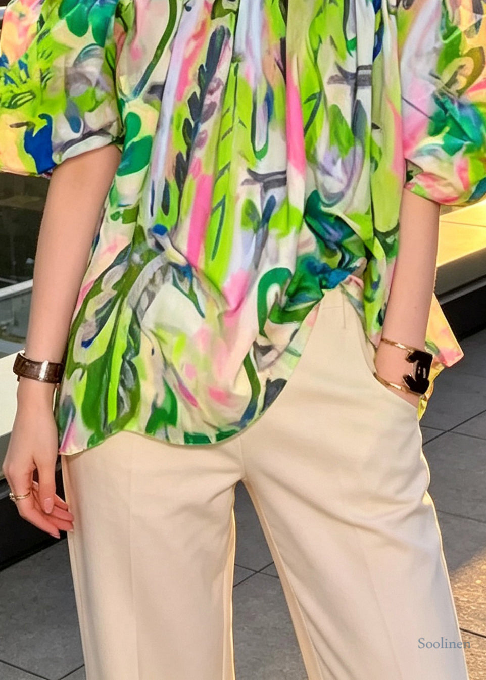 Women Green Slash Neck Print T Shirt Puff Sleeve