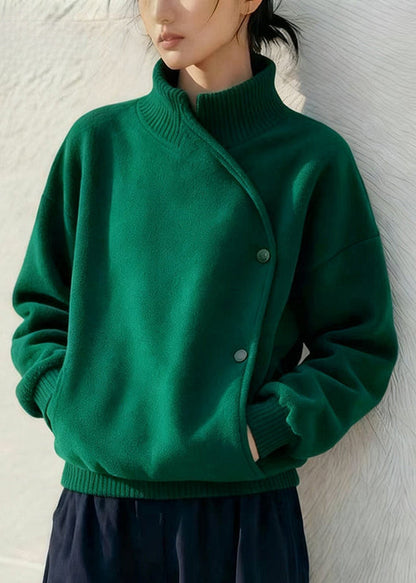 Women Green Stand Collar Button Pockets Cotton Sweatshirt Winter
