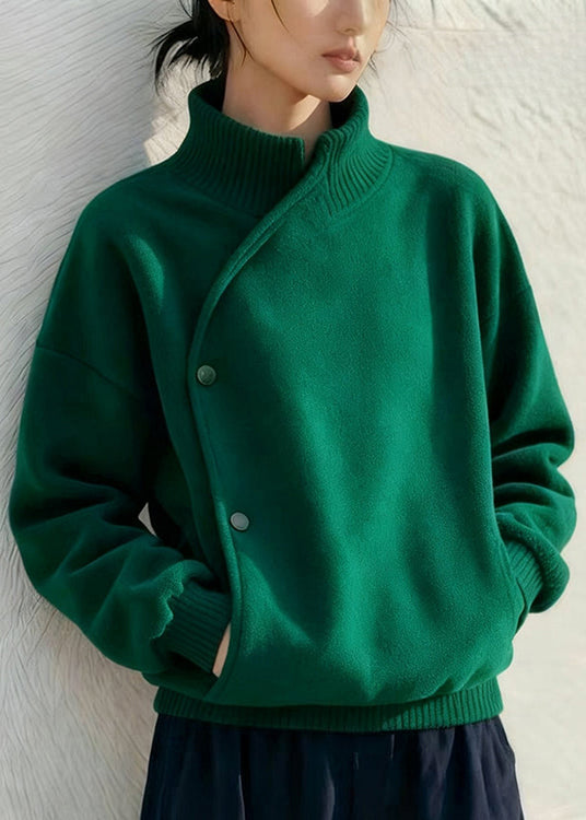 Women Green Stand Collar Button Pockets Cotton Sweatshirt Winter