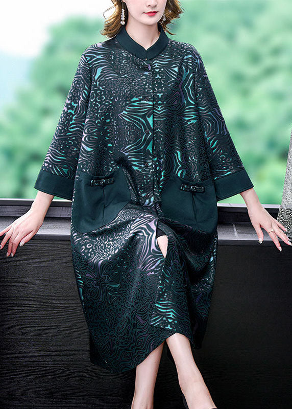 Frauen Grün Stehkragen Taschen Print Seide Trenchcoat Frühling