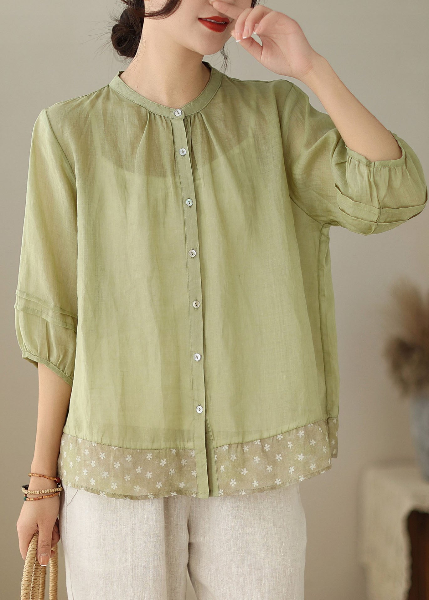 Camisa de lino con cuello alto y estampado de patchwork para mujer, color verde, para verano
