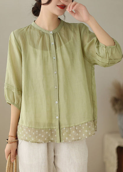 Camisa de lino con cuello alto y estampado de patchwork para mujer, color verde, para verano