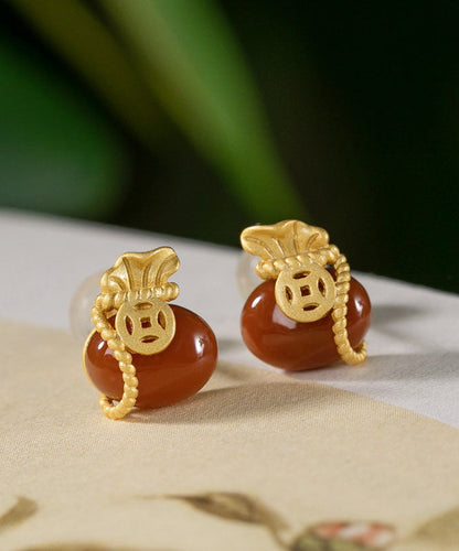 Pendientes de plata de ley verde con ágata dorada y forma de bolsa de dinero para mujer