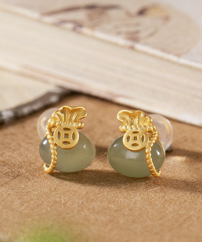 Pendientes de plata de ley verde con ágata dorada y forma de bolsa de dinero para mujer