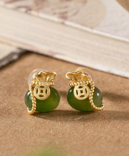 Pendientes de plata de ley verde con ágata dorada y forma de bolsa de dinero para mujer