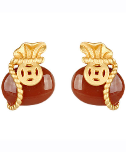 Pendientes de plata de ley verde con ágata dorada y forma de bolsa de dinero para mujer